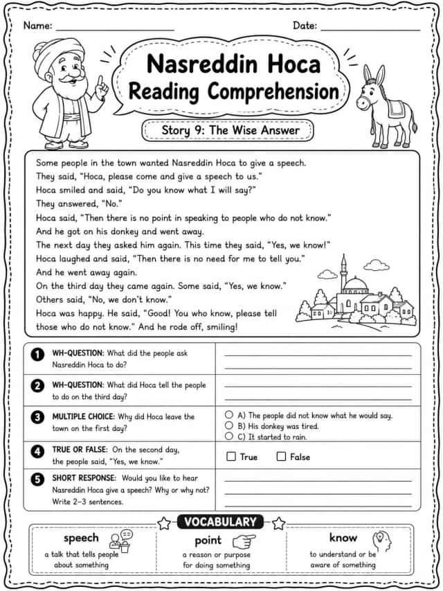 Nasreddin Hoca Reading Comprehension: The Wise Answer
