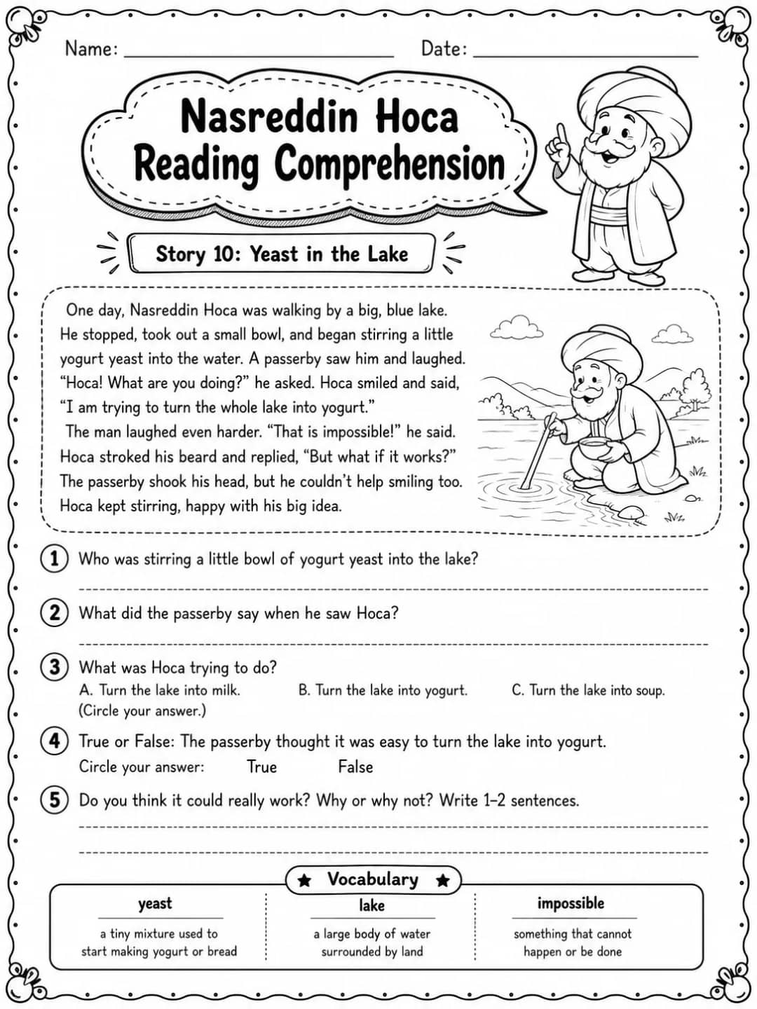 Nasreddin Hoca Reading Comprehension: Yeast in the Lake printable Grade 3 worksheet preview from KiwiBee