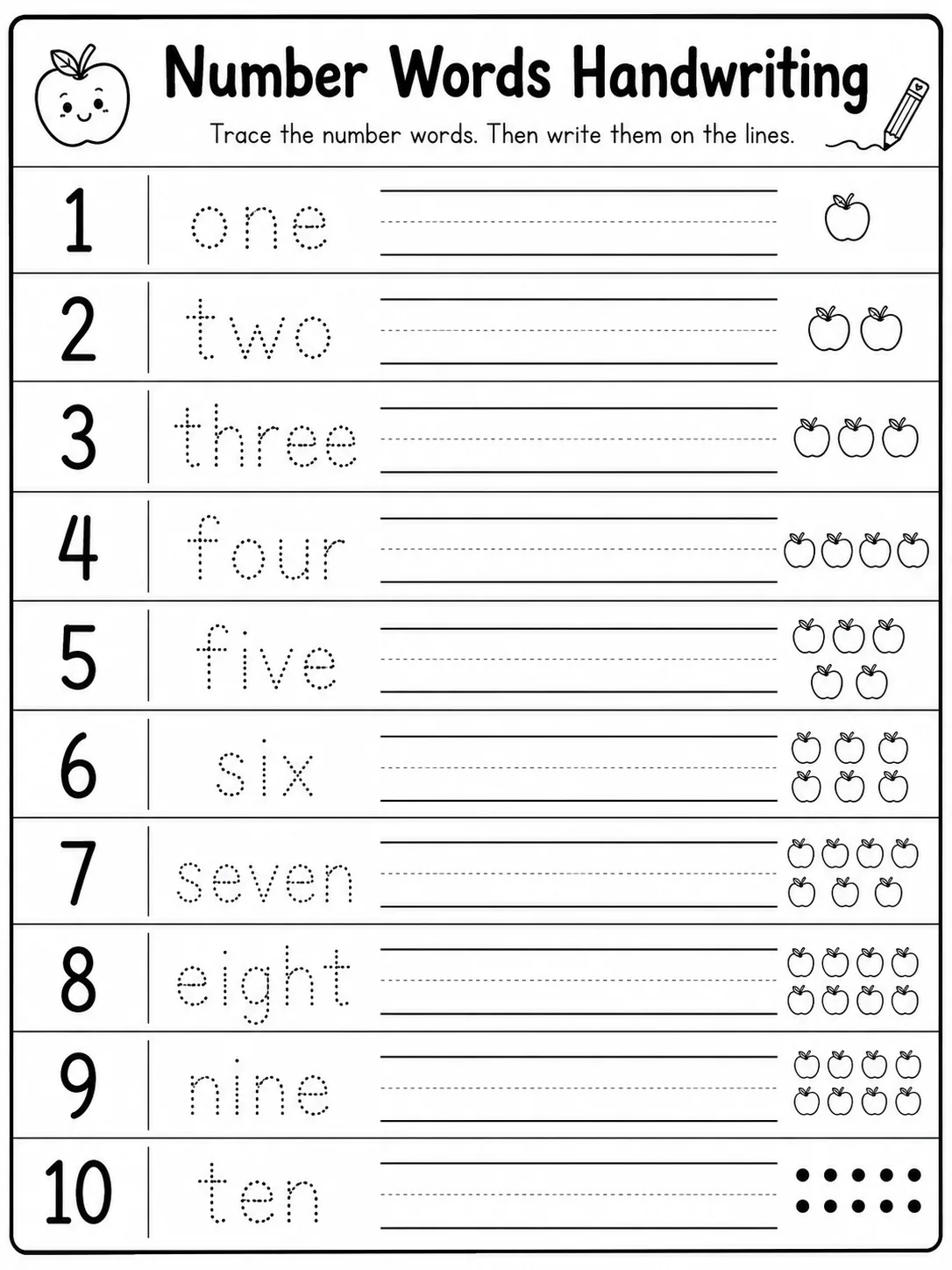 Number Words Handwriting printable Kindergarten worksheet preview from KiwiBee