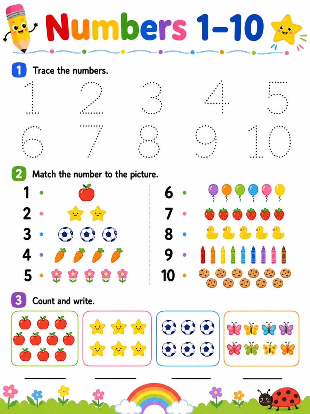 Numbers 1-10 printable Kindergarten worksheet preview from KiwiBee