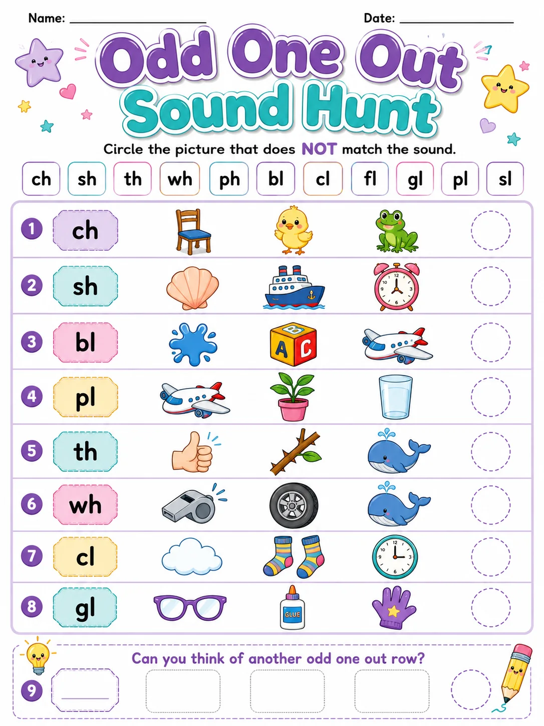 Odd One Out Sound Hunt printable Grade 2 worksheet preview from KiwiBee