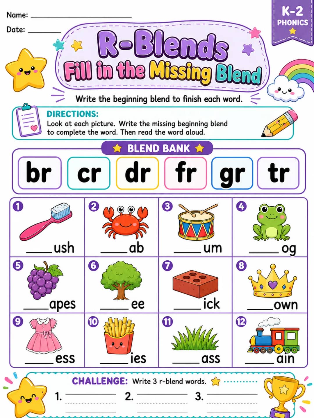 R-Blends Fill in the Missing Blend printable Grade 2 worksheet preview from KiwiBee