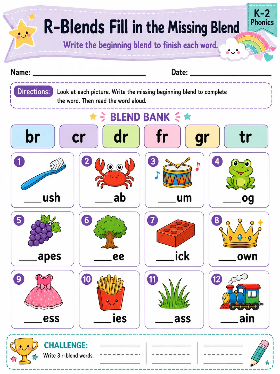 R-Blends Fill in the Missing Blend printable Grade 2 worksheet preview from KiwiBee