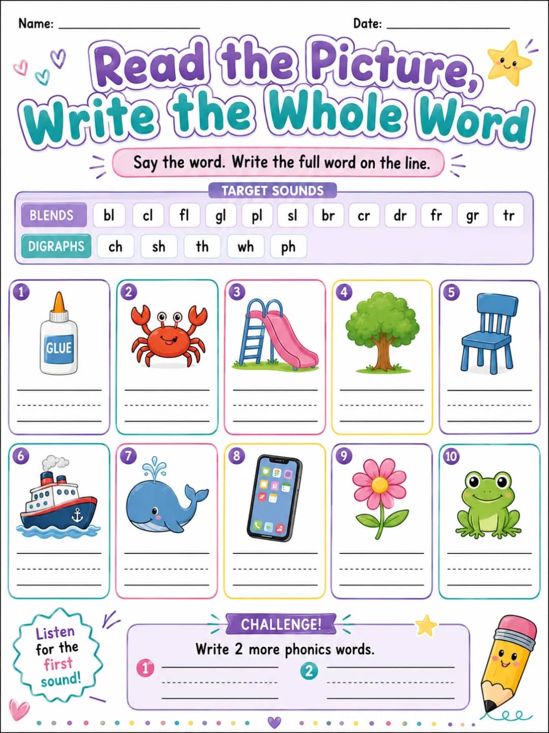 Read the Picture, Write the Whole Word printable Grade 2 worksheet preview from KiwiBee