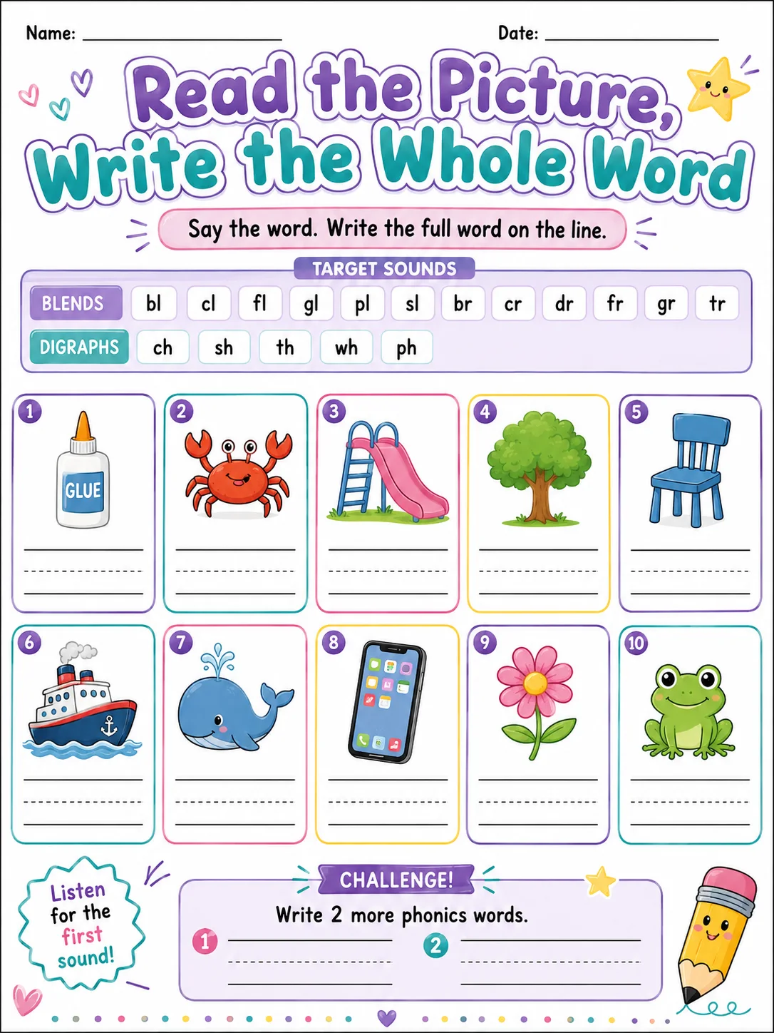 Read the Picture, Write the Whole Word printable Grade 2 worksheet preview from KiwiBee