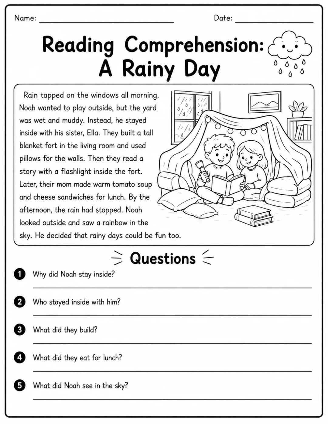 Reading Comprehension: A Rainy Day printable Grade 2 worksheet preview from KiwiBee