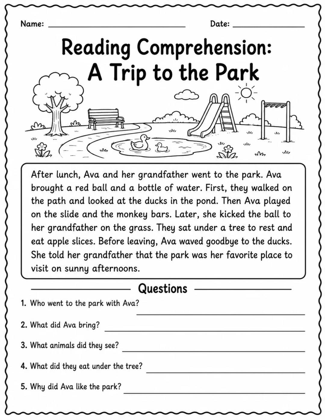Reading Comprehension: A Trip to the Park printable Grade 2 worksheet preview from KiwiBee