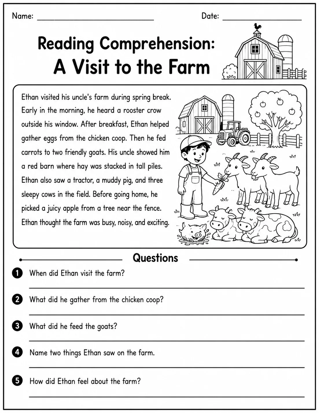 Reading Comprehension: A Visit to the Farm printable Grade 2 worksheet preview from KiwiBee