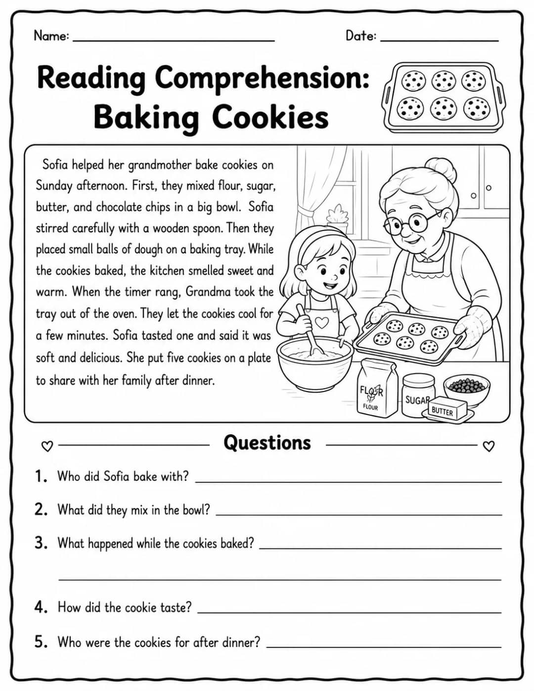 Reading Comprehension: Baking Cookies printable Grade 2 worksheet preview from KiwiBee