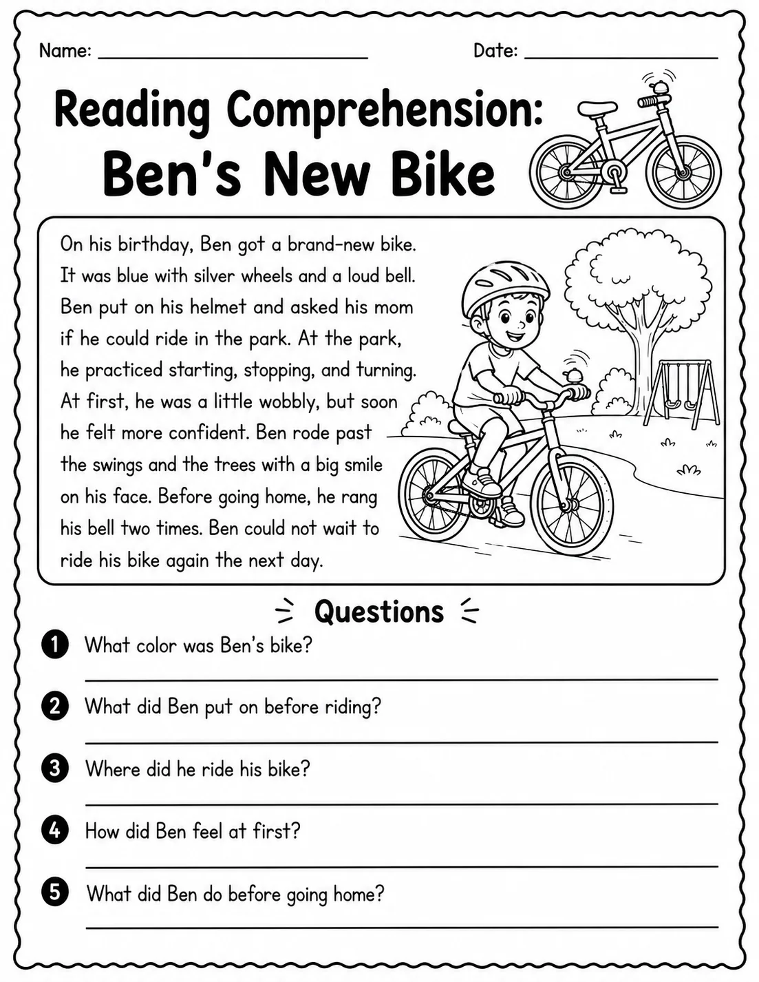 Reading Comprehension: Ben's New Bike printable Grade 2 worksheet preview from KiwiBee