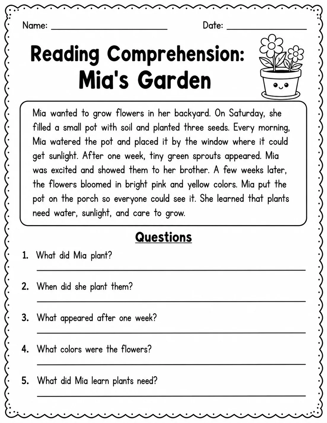 Reading Comprehension: Mia's Garden printable Kindergarten worksheet preview from KiwiBee