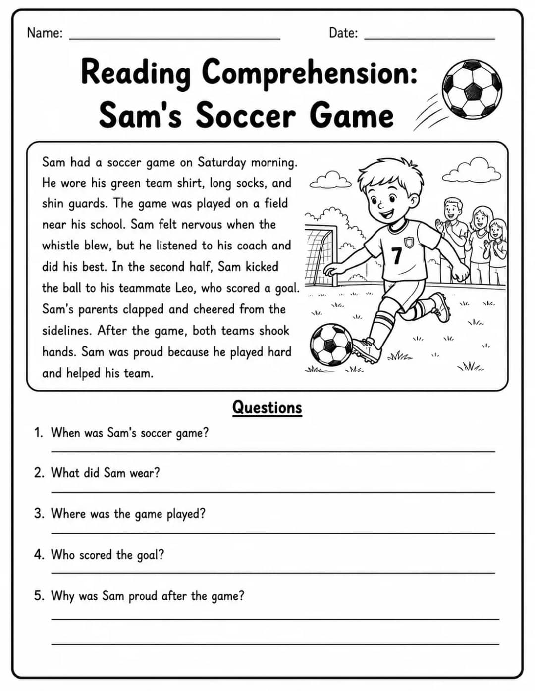 Reading Comprehension: Sam's Soccer Game printable Grade 2 worksheet preview from KiwiBee