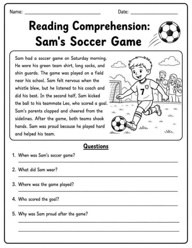 Reading Comprehension: Sam's Soccer Game