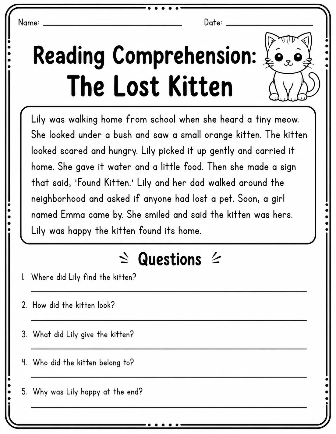Reading Comprehension: The Lost Kitten printable Grade 2 worksheet preview from KiwiBee