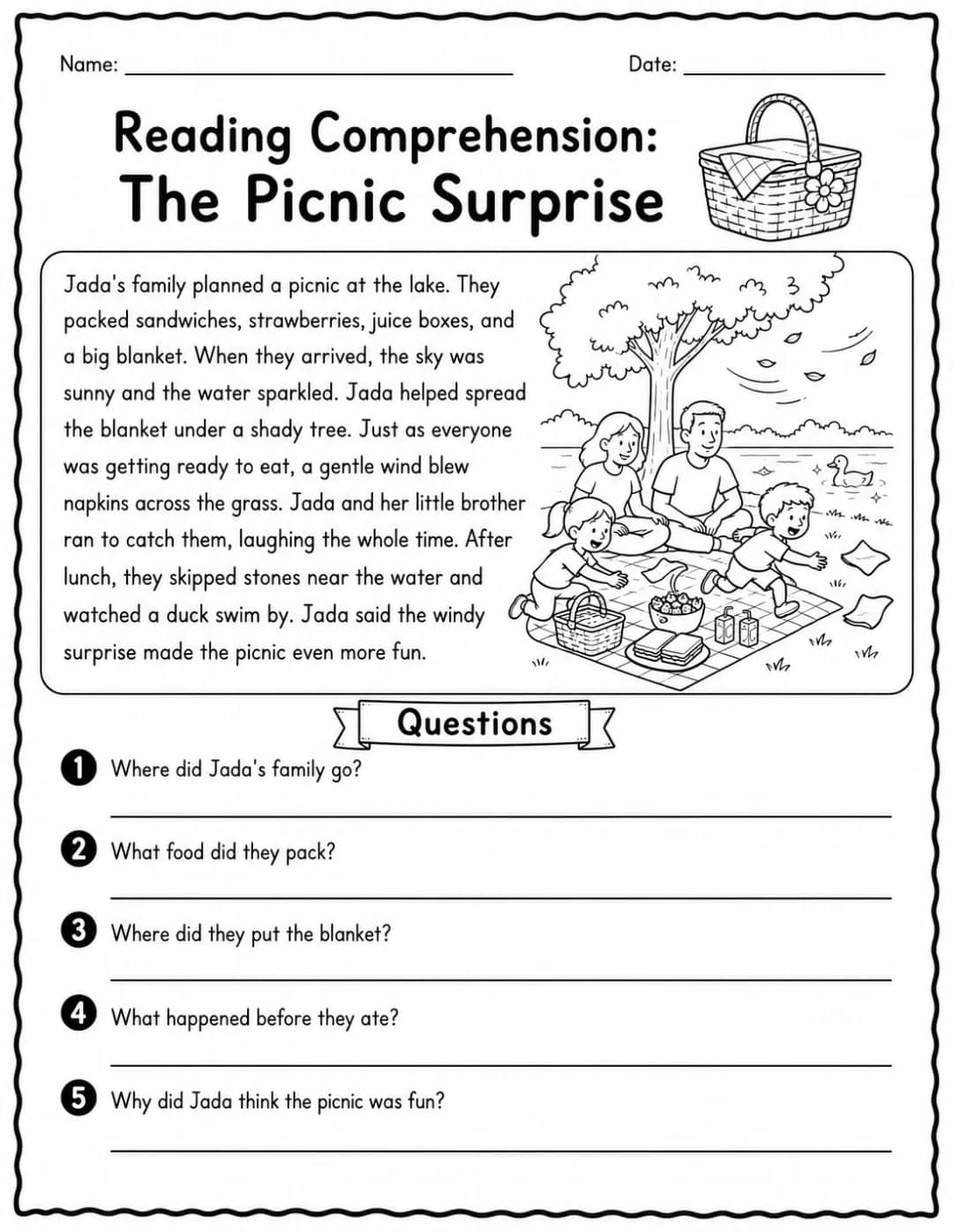 Reading Comprehension: The Picnic Surprise printable Grade 2 worksheet preview from KiwiBee