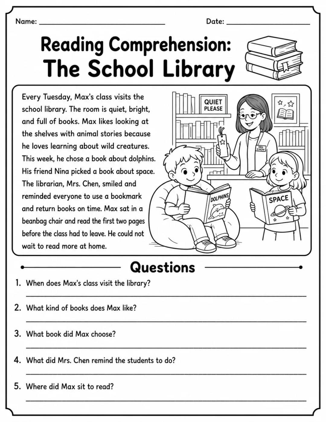 Reading Comprehension: The School Library printable Grade 2 worksheet preview from KiwiBee