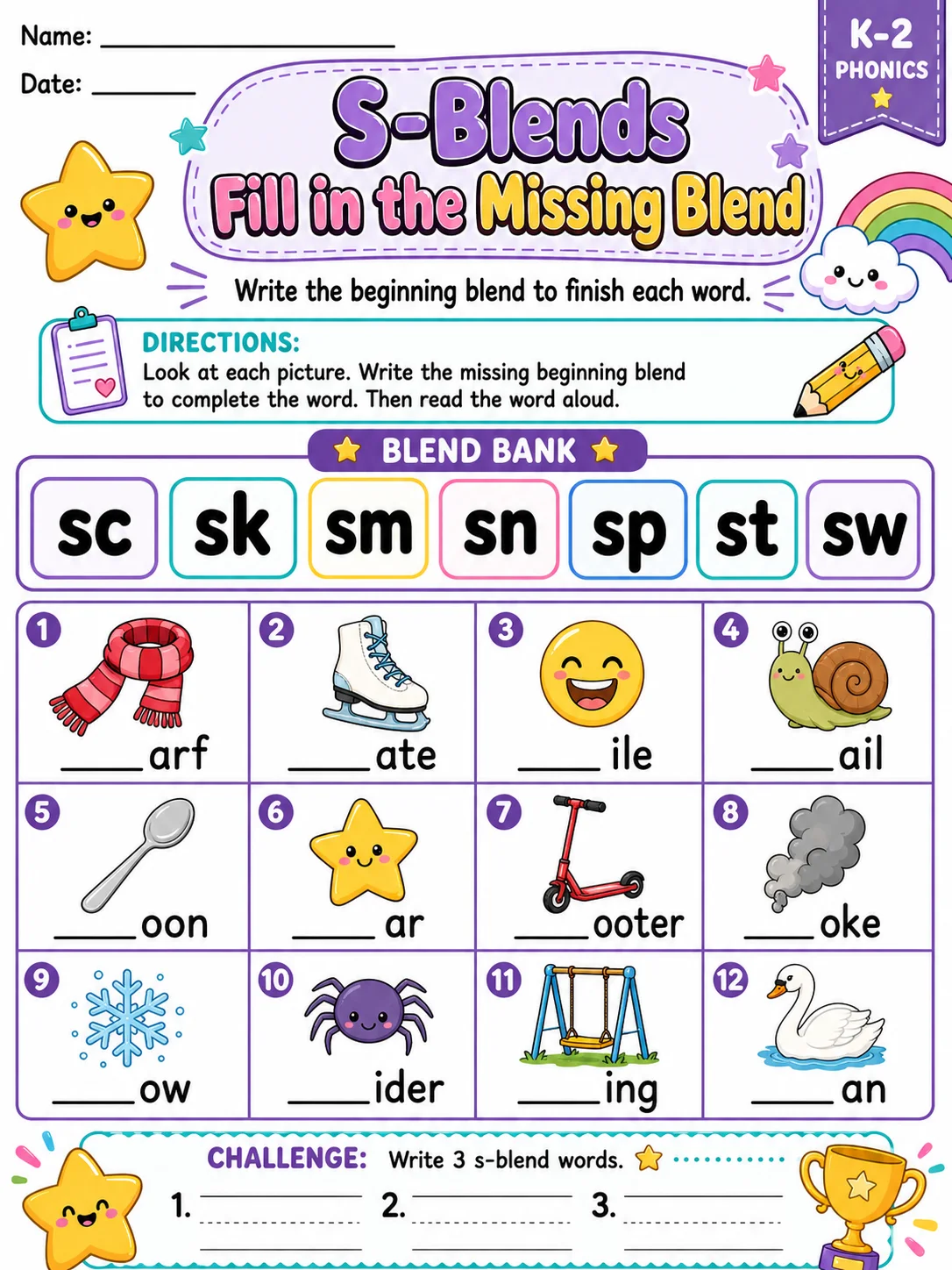 S-Blends Fill in the Missing Blend printable Grade 2 worksheet preview from KiwiBee