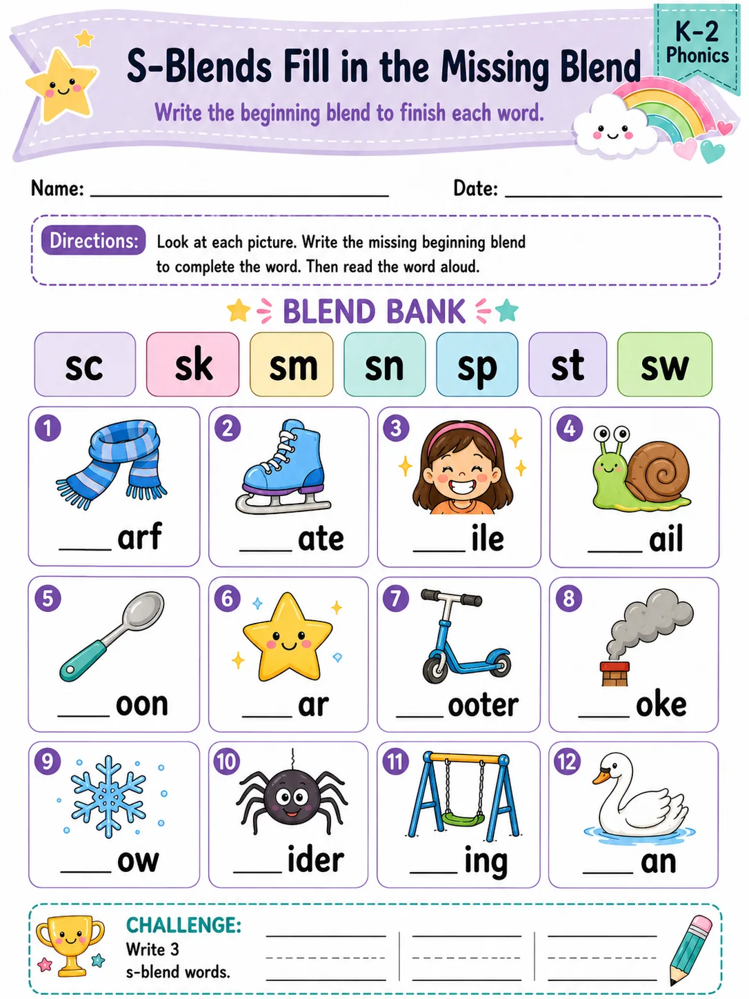 S-Blends Fill in the Missing Blend printable Grade 2 worksheet preview from KiwiBee