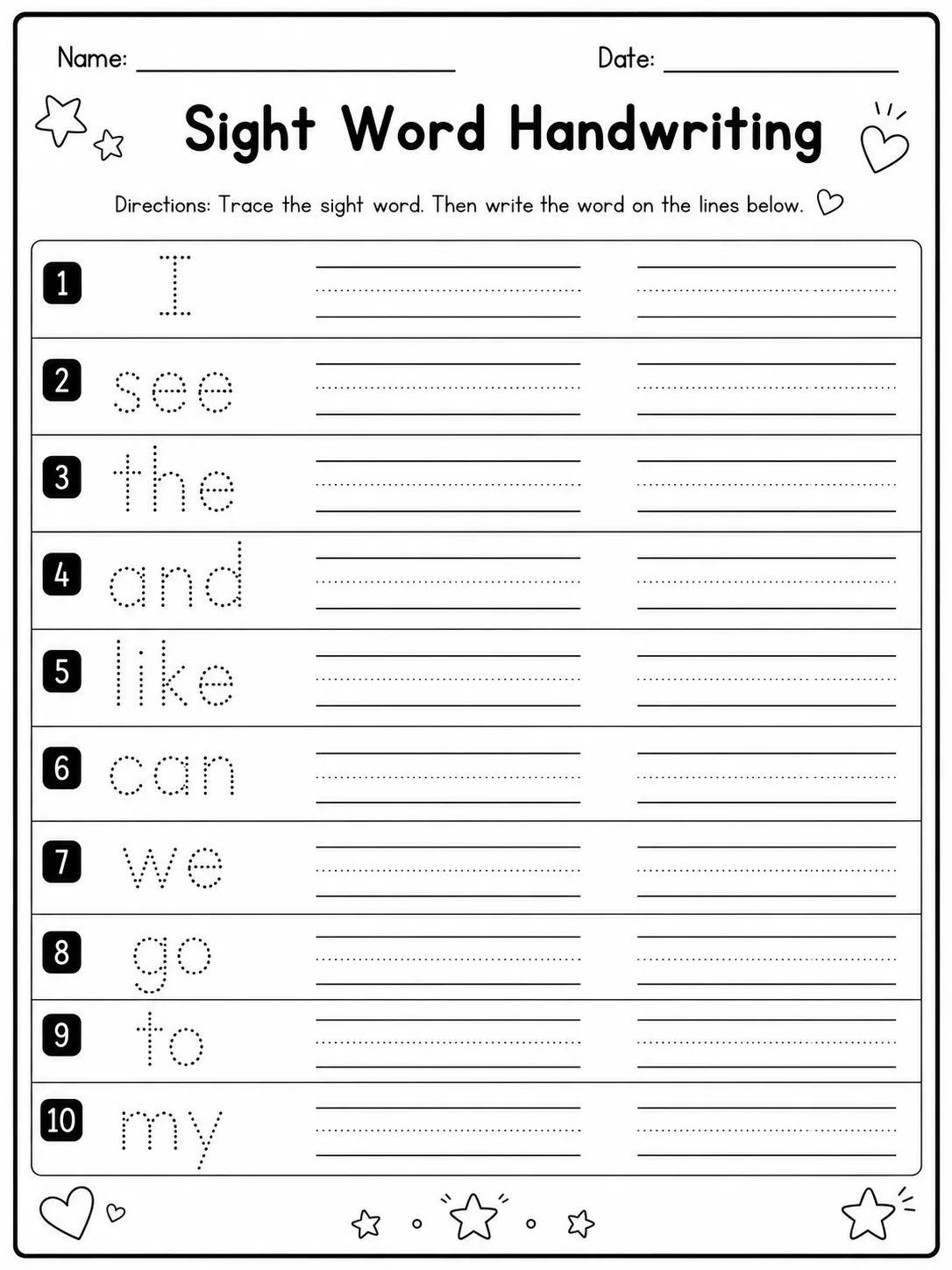 Sight Word Handwriting printable Kindergarten worksheet preview from KiwiBee