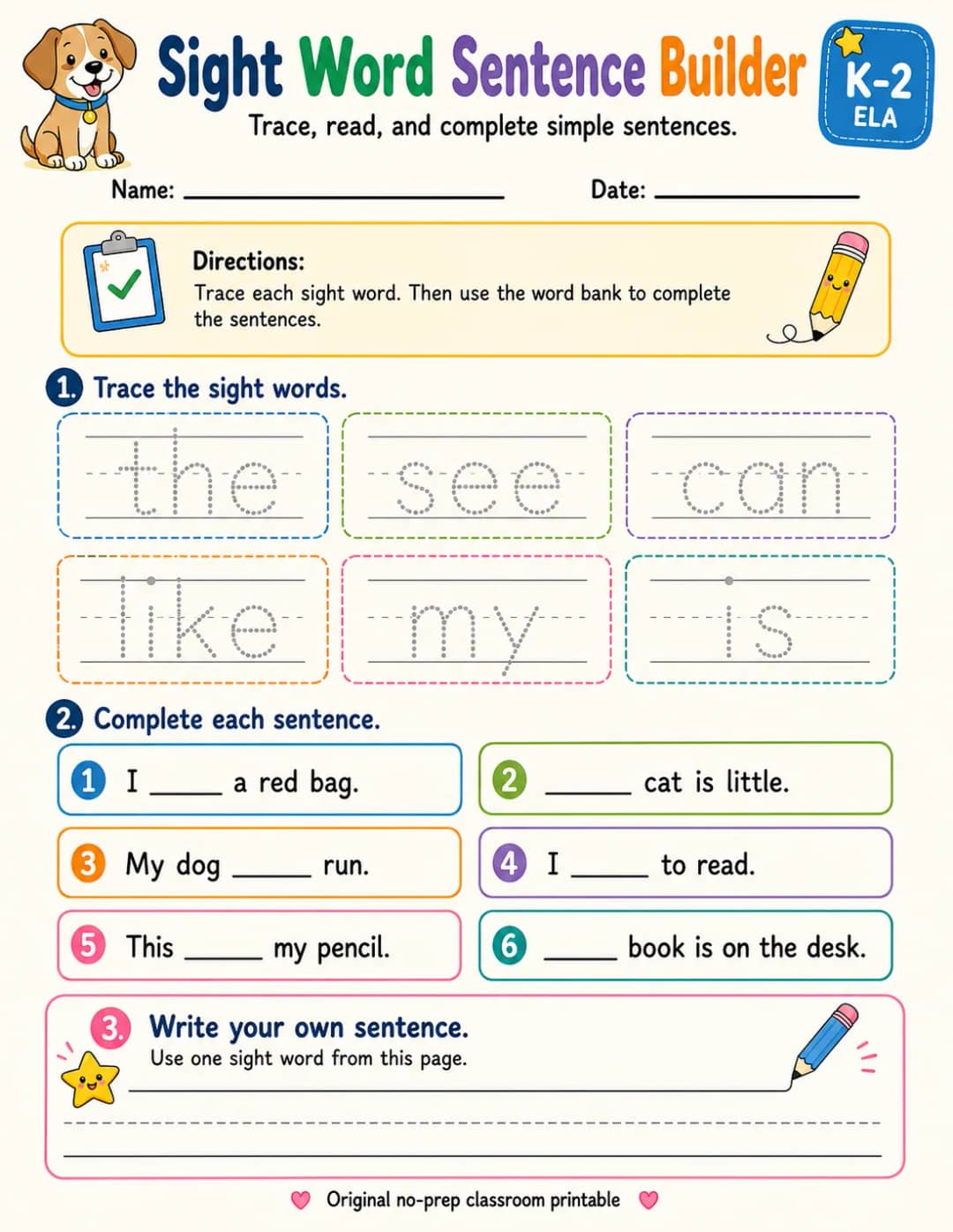 Sight Word Sentence Builder printable Grade 2 worksheet preview from KiwiBee
