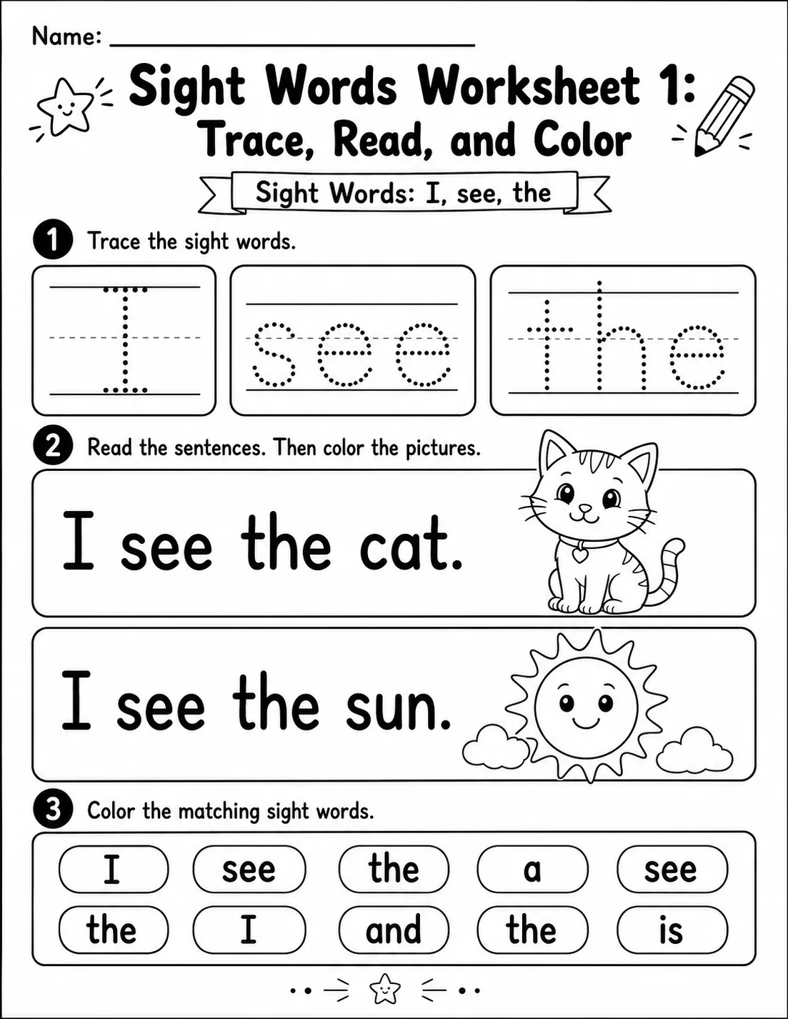 Sight Words Worksheet 1: Trace, Read, and Color