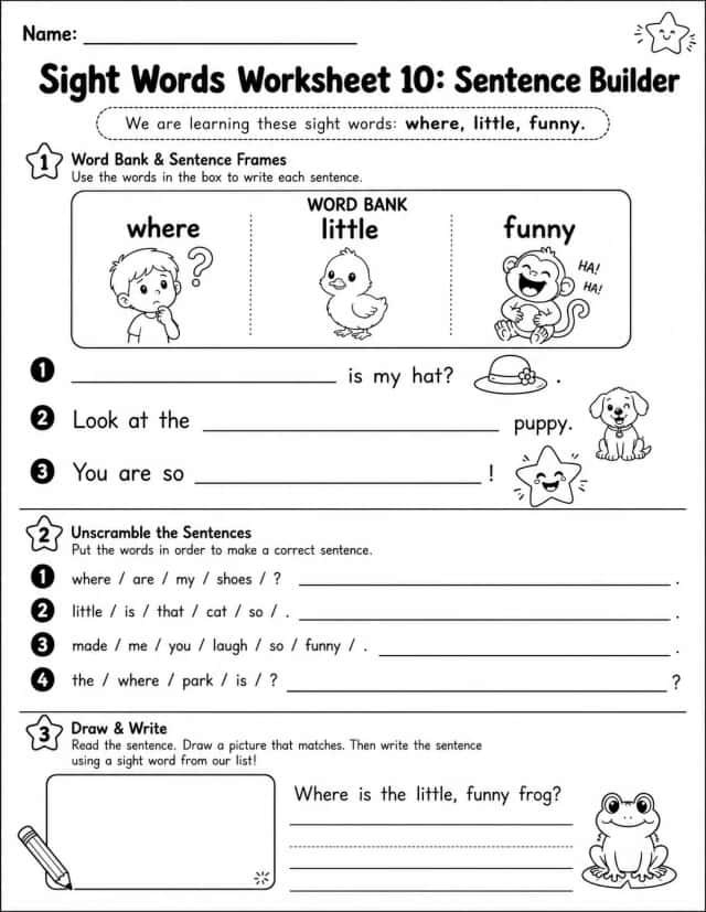 Sight Words Worksheet 10: Sentence Builder