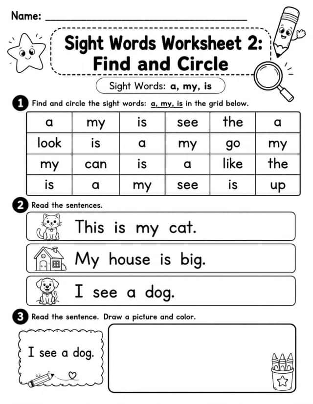 Sight Words Worksheet 2: Find and Circle