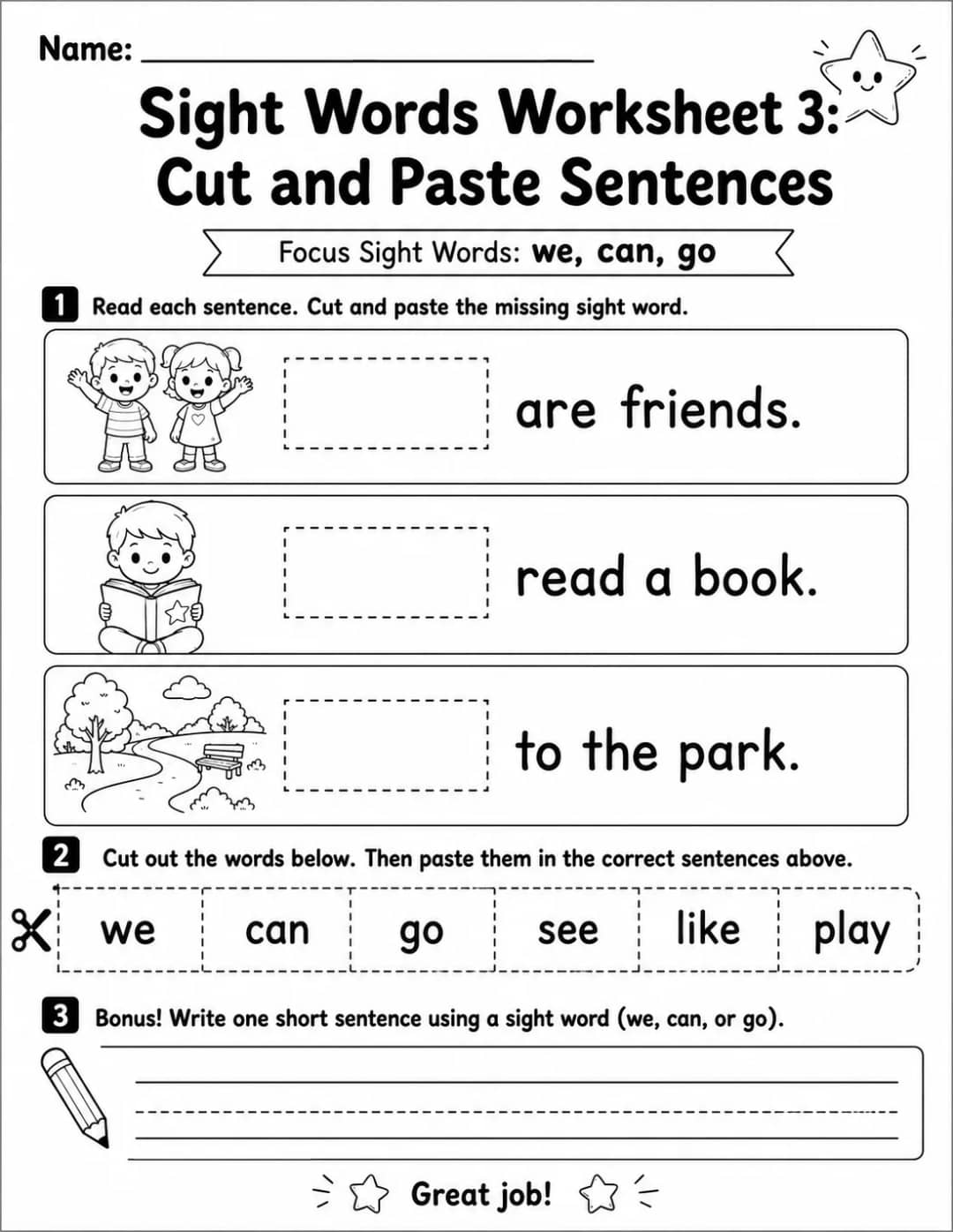 Sight Words Worksheet 3: Cut and Paste Sentences printable Grade 2 worksheet preview from KiwiBee