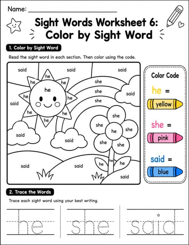 Sight Words Worksheet 6: Color by Sight Word
