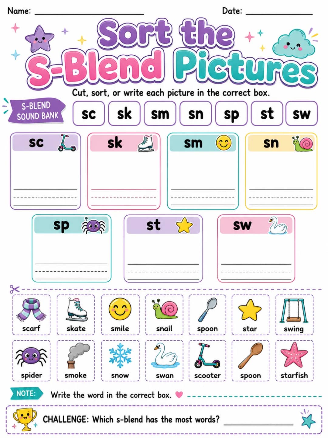 Sort the S-Blend Pictures printable Grade 2 worksheet preview from KiwiBee
