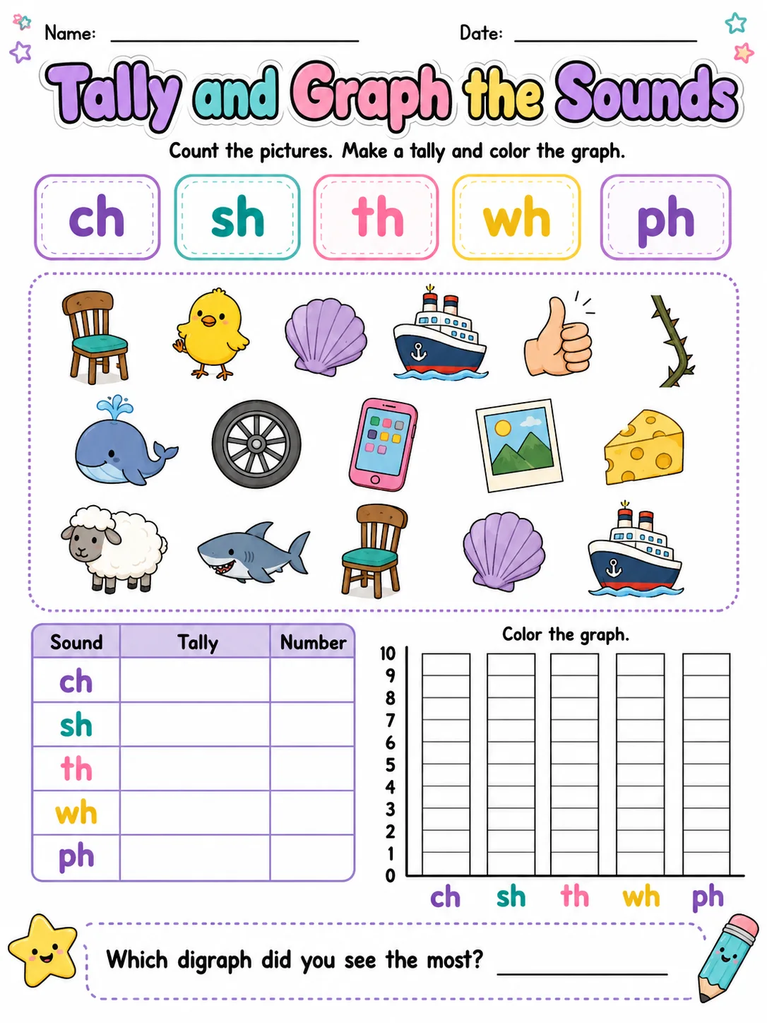 Tally and Graph the Sounds printable Grade 2 worksheet preview from KiwiBee