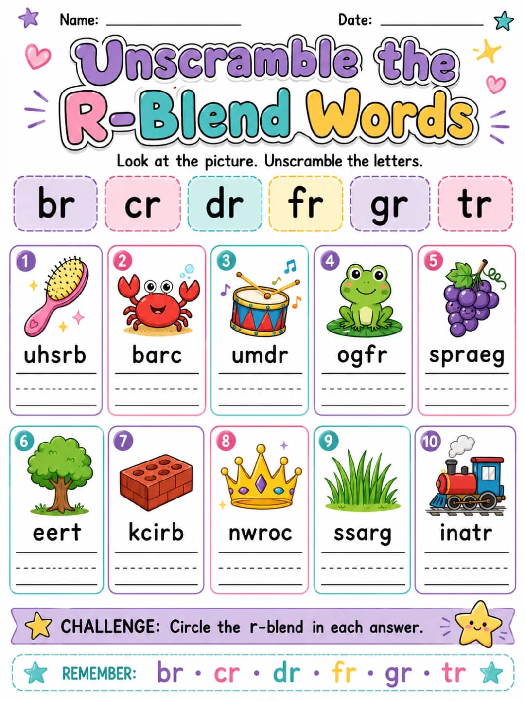 Unscramble the R-Blend Words printable Grade 2 worksheet preview from KiwiBee