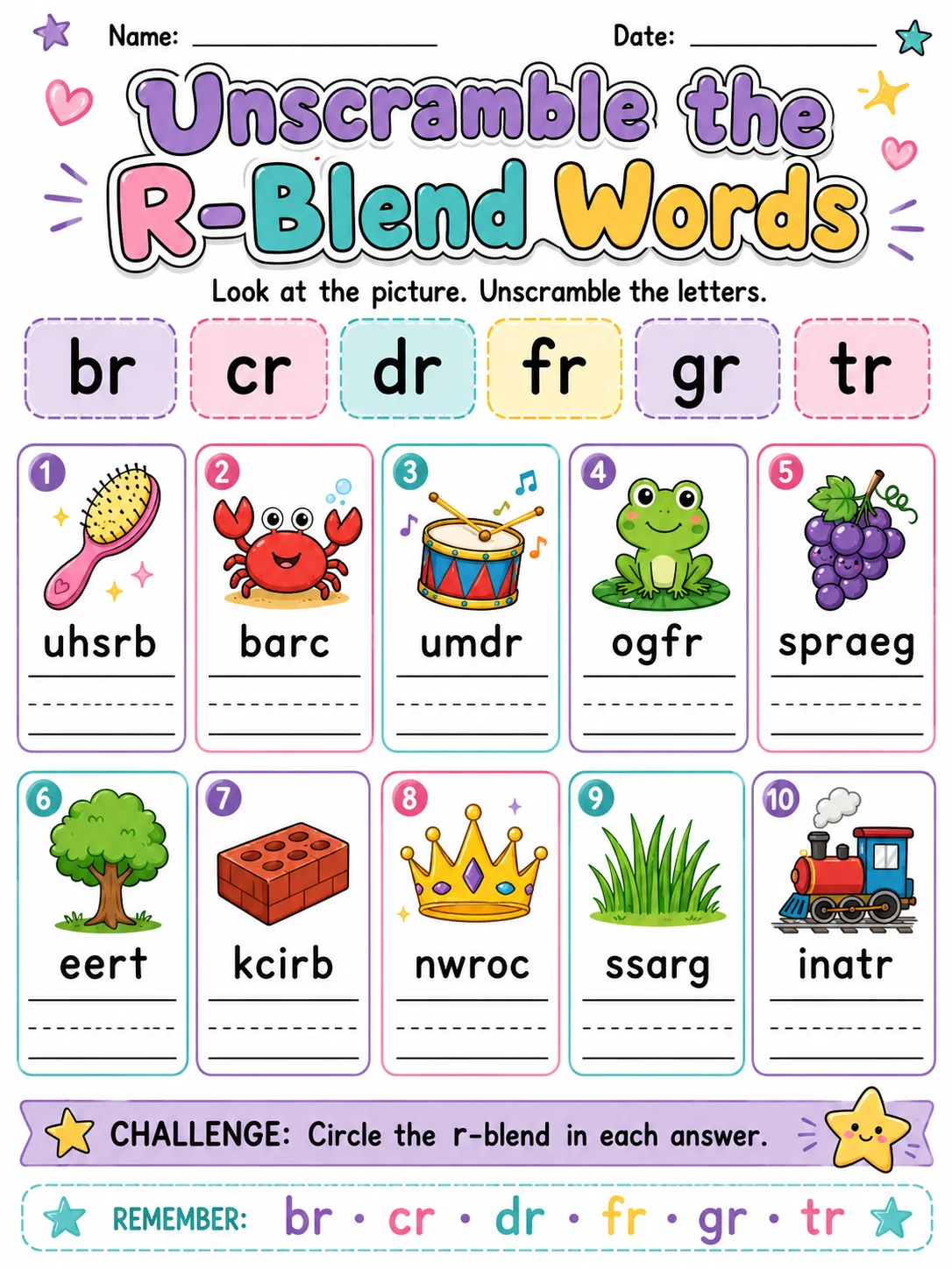 Unscramble the R-Blend Words printable Grade 2 worksheet preview from KiwiBee