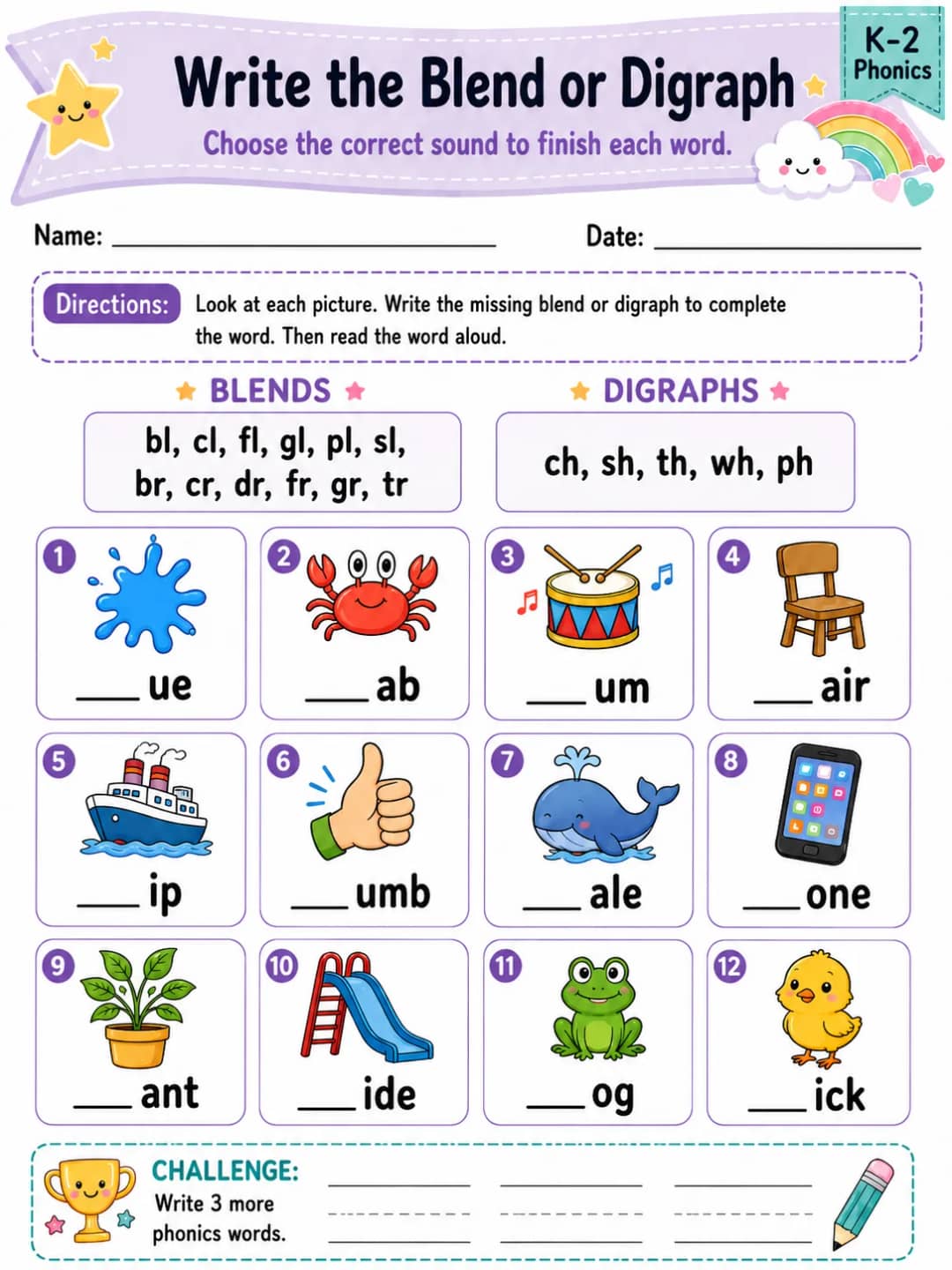 Write the Blend or Digraph - Set 2 printable Grade 2 worksheet preview from KiwiBee