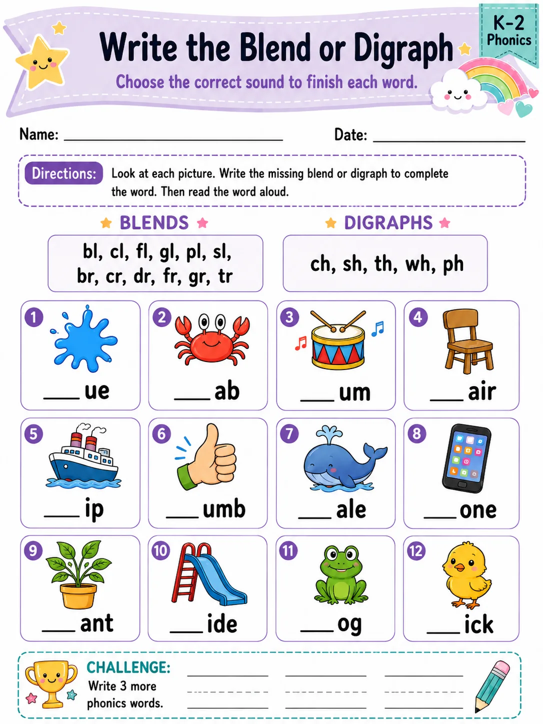 Write the Blend or Digraph - Set 2 printable Grade 2 worksheet preview from KiwiBee