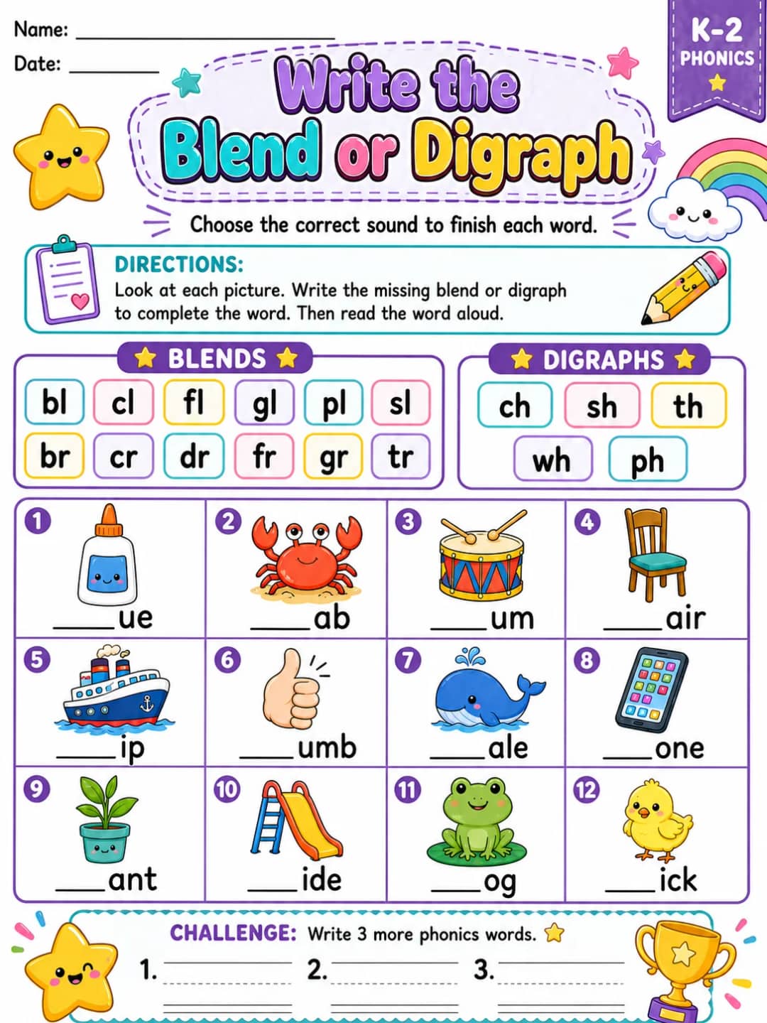 Write the Blend or Digraph - Set 3 printable Grade 2 worksheet preview from KiwiBee