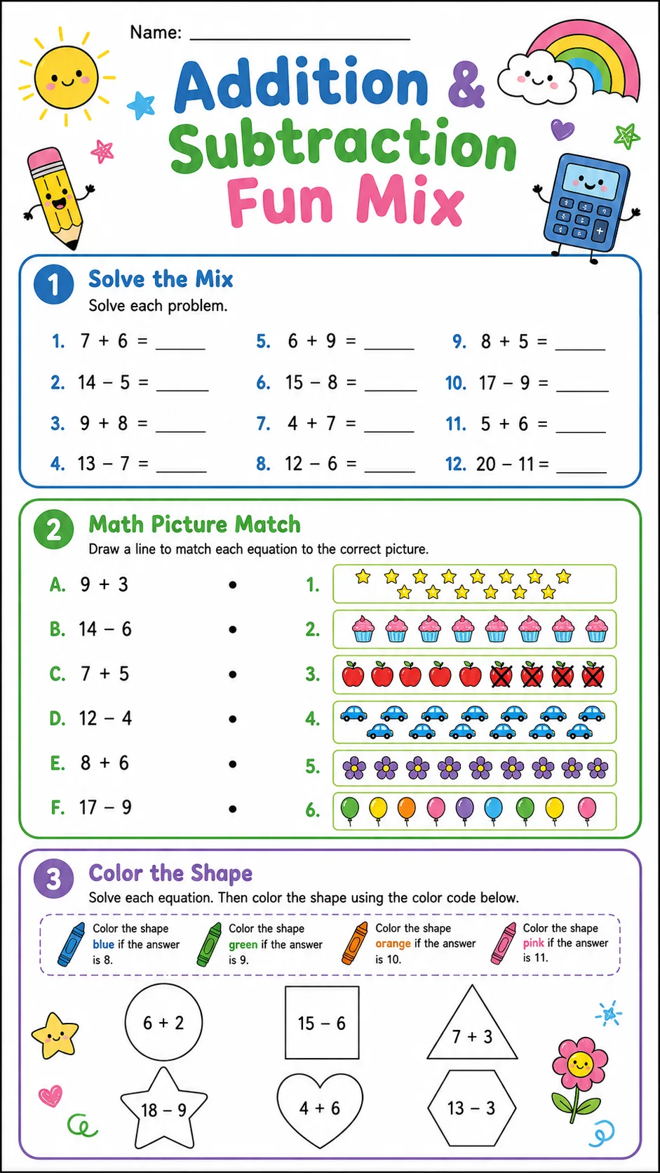 Addition & Subtraction Fun Mix printable Grade 2 worksheet preview from KiwiBee