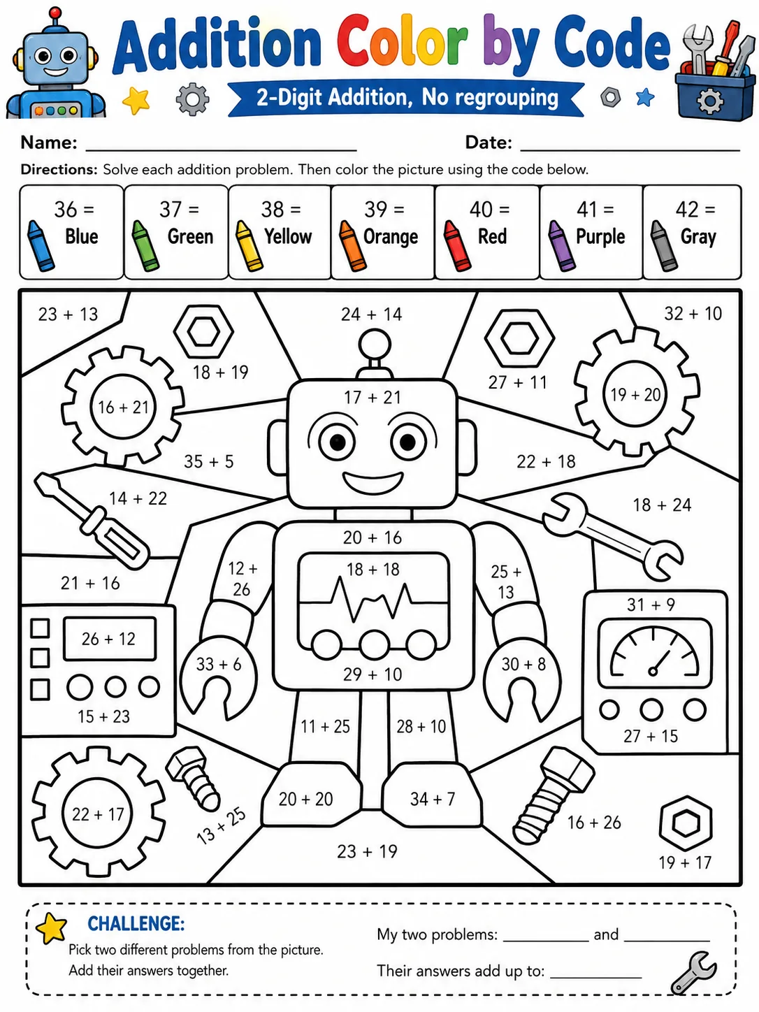 Addition Color by Code: 2-Digit Addition, No regrouping printable Grade 3 worksheet preview from KiwiBee
