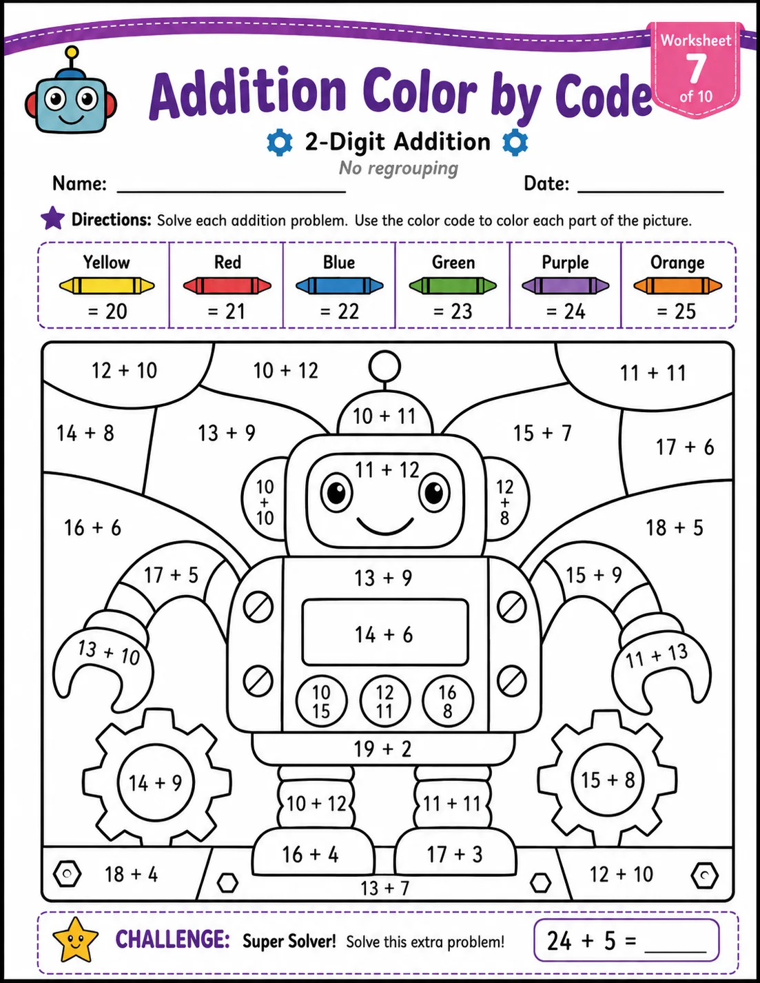 Addition Color by Code: 2-Digit Addition: Worksheet 7 printable Grade 3 worksheet preview from KiwiBee