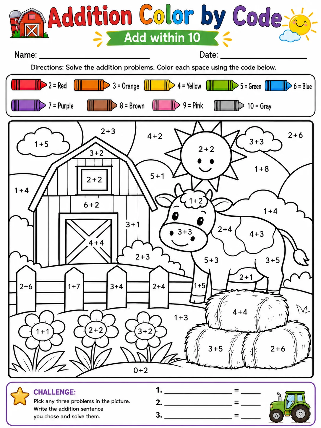Addition Color by Code: Add within 10 printable Grade 1 worksheet preview from KiwiBee