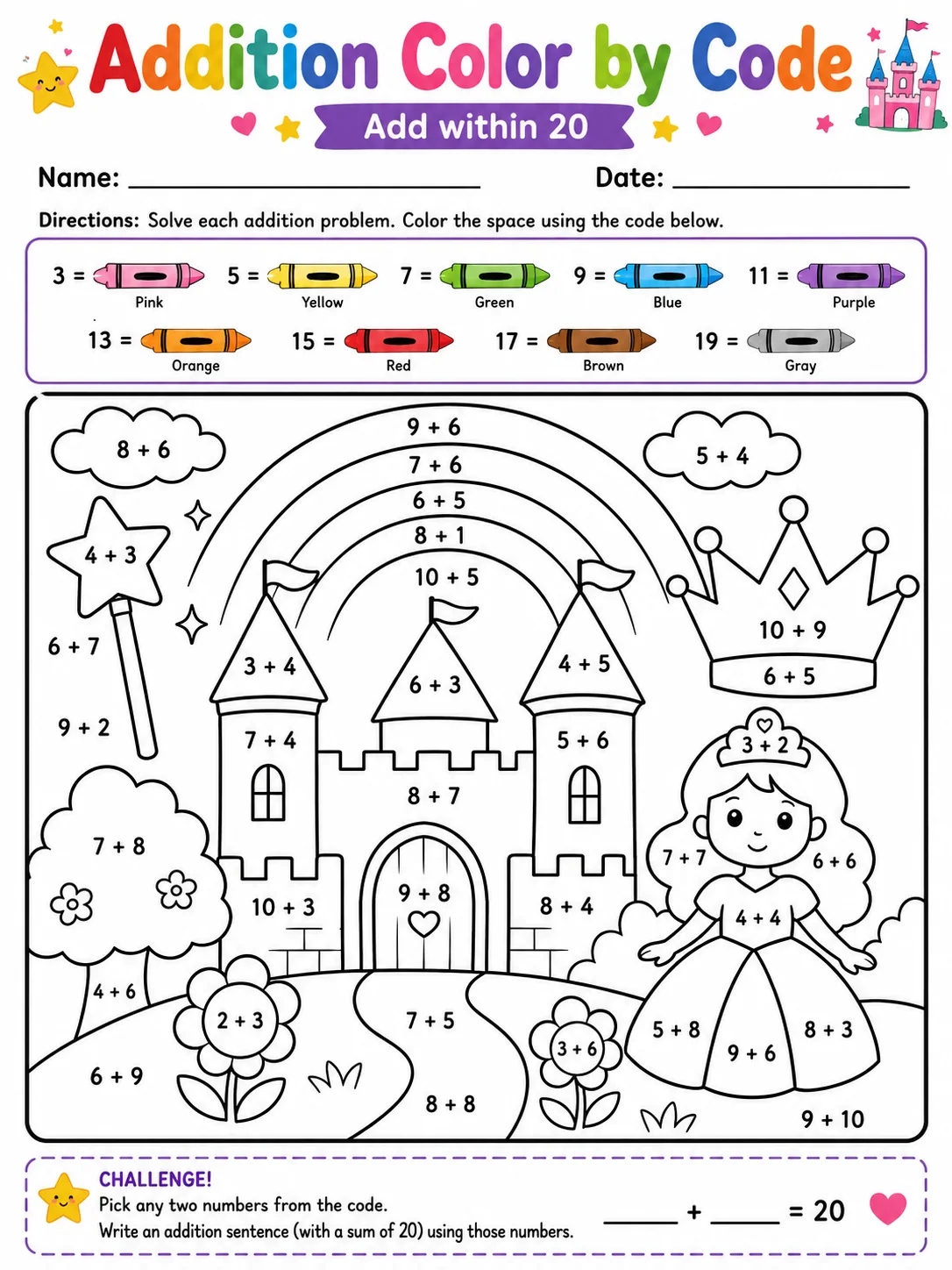 Addition Color by Code: Add within 20 printable Grade 2 worksheet preview from KiwiBee
