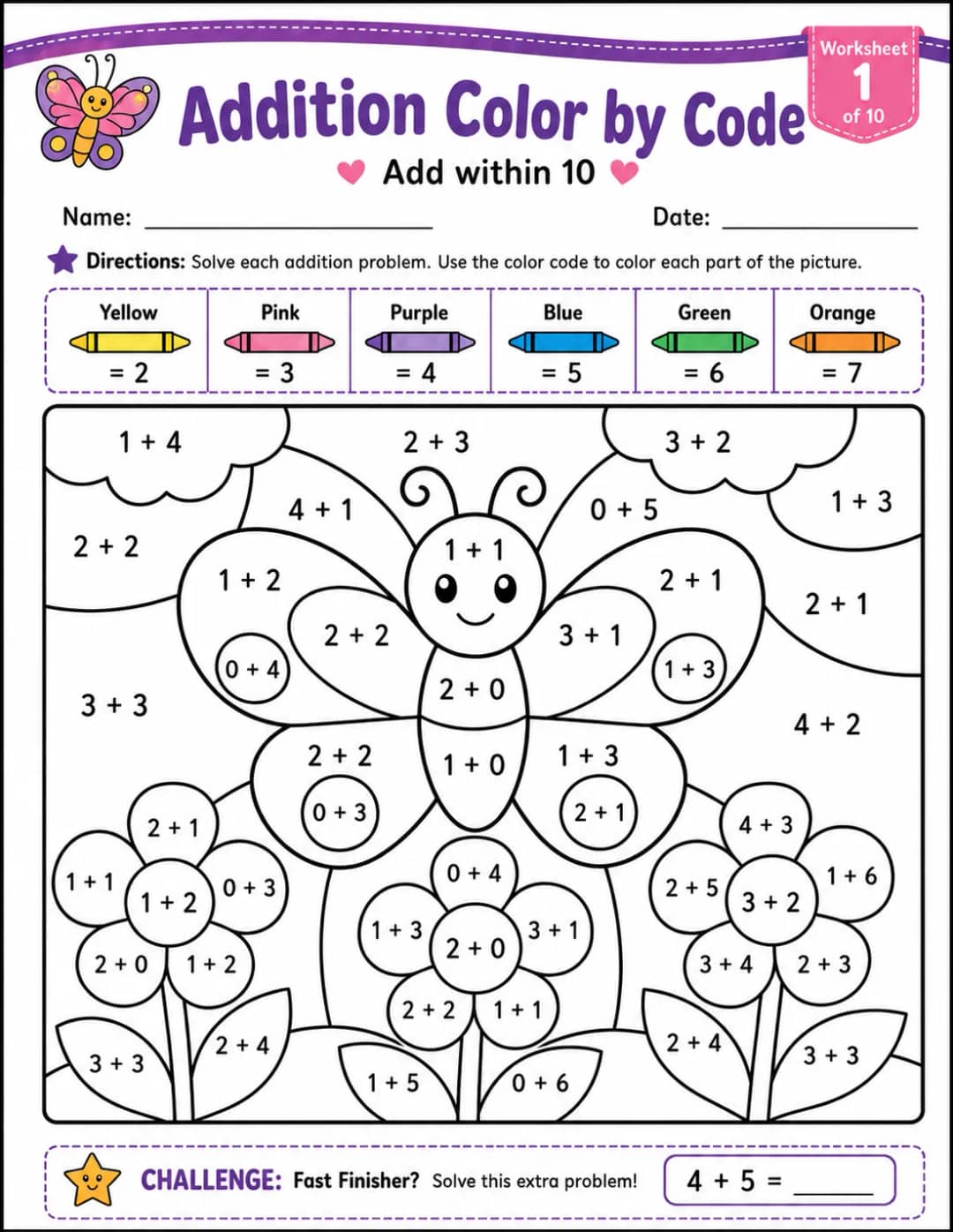 Addition Color by Code: $\nabla$ Add within 10 printable Grade 1 worksheet preview from KiwiBee