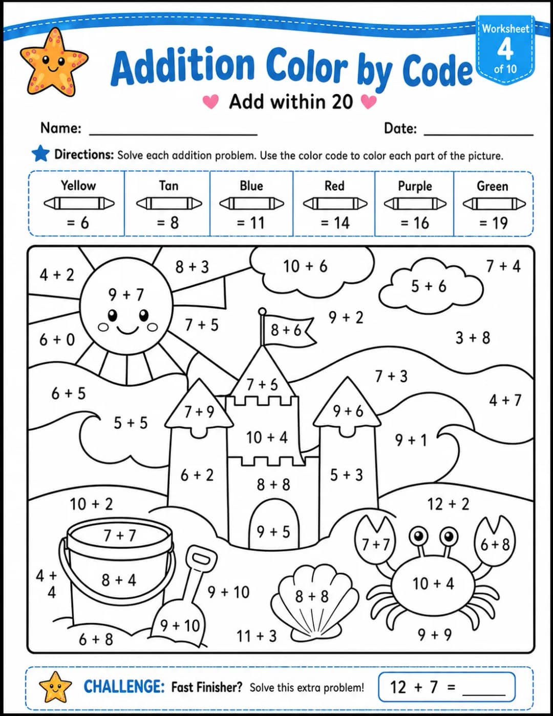 Addition Color by Code: $\nabla$ Add within 20 $\nabla$: Worksheet 4 printable Grade 2 worksheet preview from KiwiBee