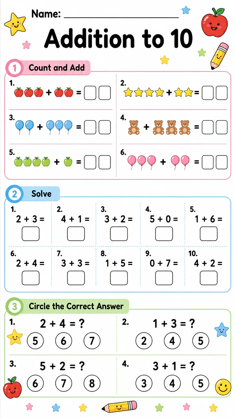 Addition to 10 printable Grade 1 worksheet preview from KiwiBee