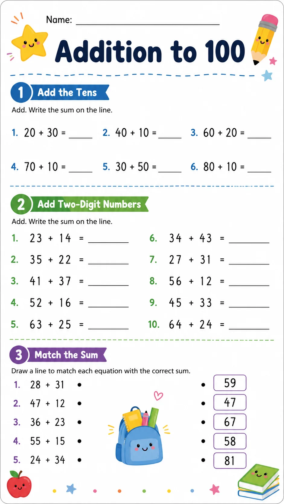 Addition to 10 printable Grade 3 worksheet preview from KiwiBee