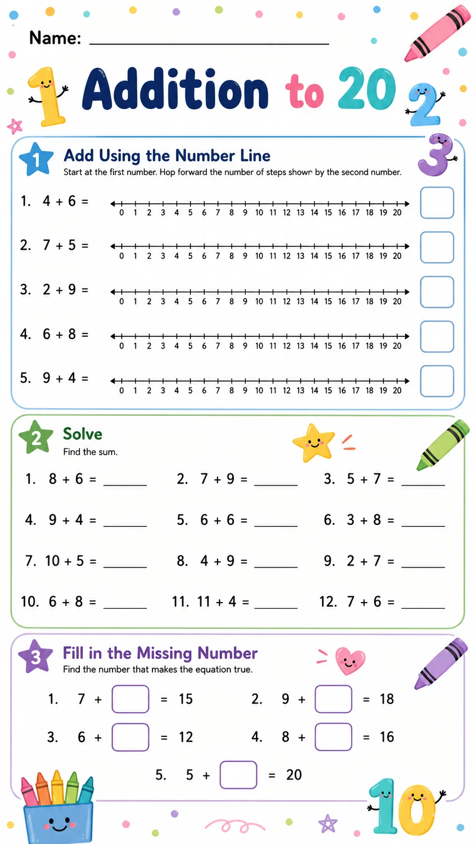Addition to 20 printable Grade 2 worksheet preview from KiwiBee