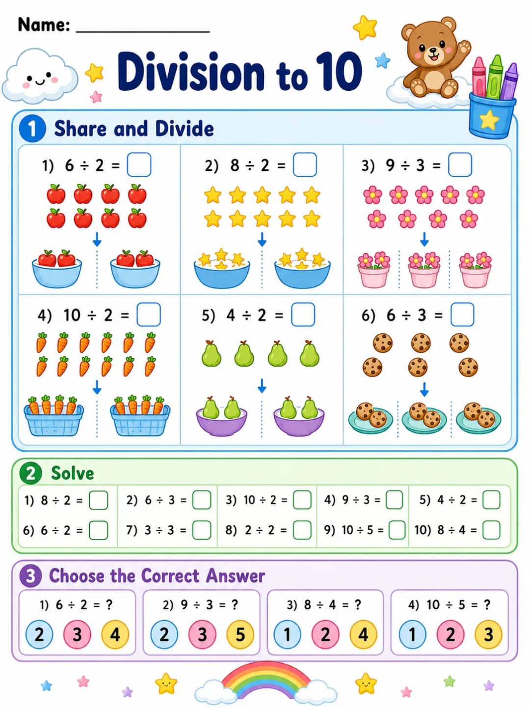 Division to 10 printable Grade 3 worksheet preview from KiwiBee