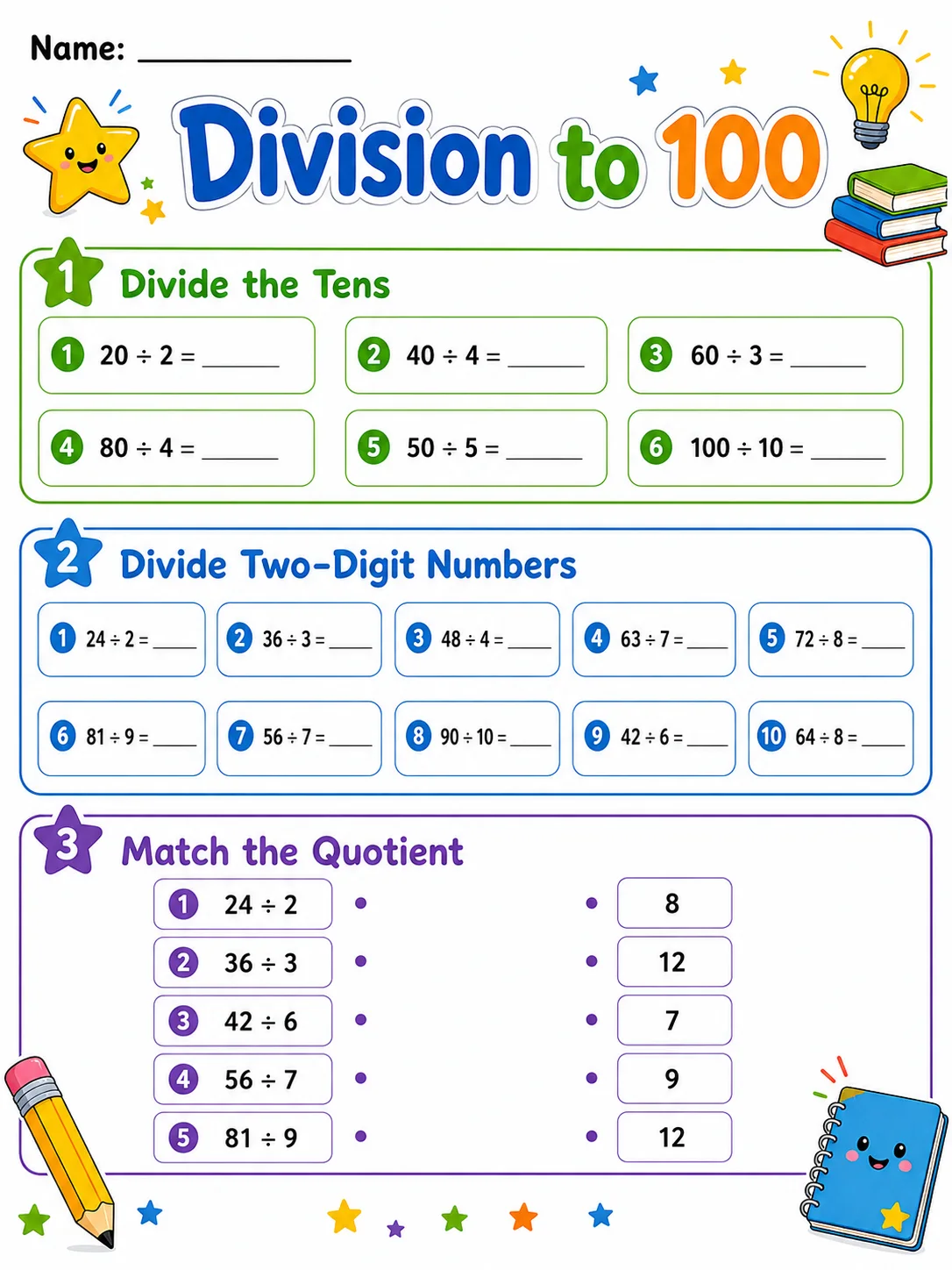 Division to 10 - Set 2 printable Grade 3 worksheet preview from KiwiBee