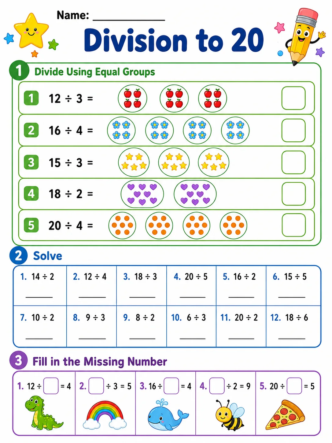 Division to 20 printable Grade 3 worksheet preview from KiwiBee