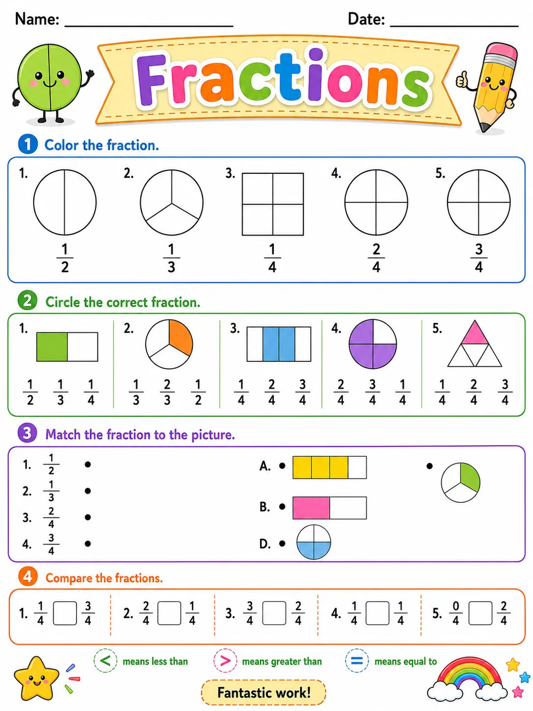 Fractions printable Grade 2 worksheet preview from KiwiBee